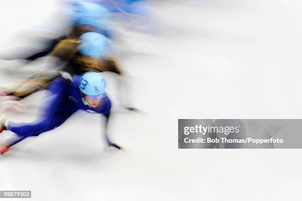 Motion blur action during the Short Track Speed Skating on day 2 of the Vancouver 2010 Winter Olympics at Pacific Coliseum on February 13, 2010 in...