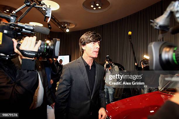 Joachim Loew, head coach of the German national football team, arrives for a press conference where he announces the provisional Germany squad for...