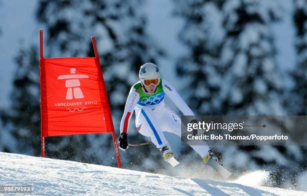 Aurelie Revillet of France competes during the Alpine Skiing Ladies Downhill on day 6 of the Vancouver 2010 Winter Olympics at Whistler Creekside on...