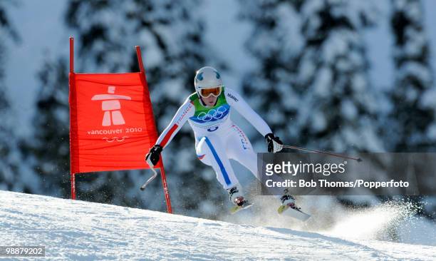 Aurelie Revillet of France competes during the Alpine Skiing Ladies Downhill on day 6 of the Vancouver 2010 Winter Olympics at Whistler Creekside on...