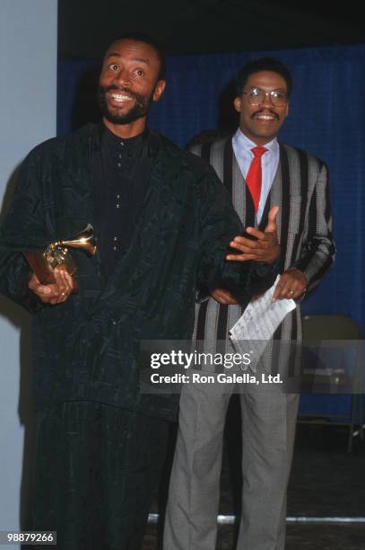 Musicians Bobby McFerrin and Herbie Hancock attend 29th Annual Grammy Awards on February 24, 1987 at the Shrine Auditorium in Los Angeles, California.