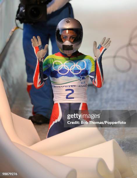 Shelley Rudman of Great Britain finishes her run in the women's skeleton fourth heat on day 8 of the 2010 Vancouver Winter Olympics at the Whistler...