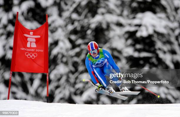 David Poisson of France competes in the Alpine skiing Men's Downhill at Whistler Creekside during the Vancouver 2010 Winter Olympics on February 15,...