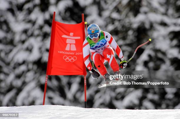 Didier Cauhe of Switzerland competes in the Alpine skiing Men's Downhill at Whistler Creekside during the Vancouver 2010 Winter Olympics on February...