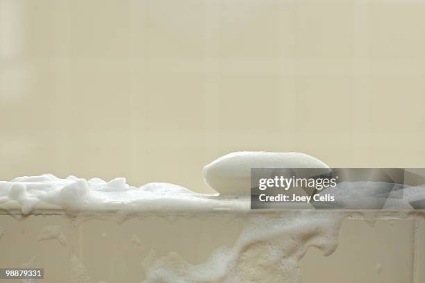 bar of soap with suds in the bath - sapone foto e immagini stock