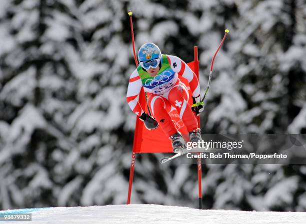 Didier Cauhe of Switzerland competes in the Alpine skiing Men's Downhill at Whistler Creekside during the Vancouver 2010 Winter Olympics on February...