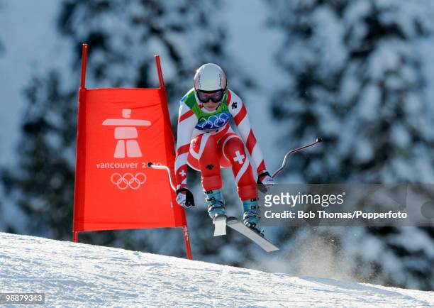 Dominique Gisin of Switzerland competes during the Alpine Skiing Ladies Downhill on day 6 of the Vancouver 2010 Winter Olympics at Whistler Creekside...