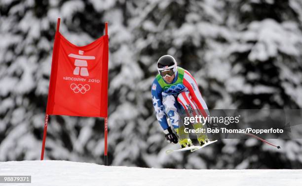 Steven Nyman of the USA competes in the Alpine skiing Men's Downhill at Whistler Creekside during the Vancouver 2010 Winter Olympics on February 15,...