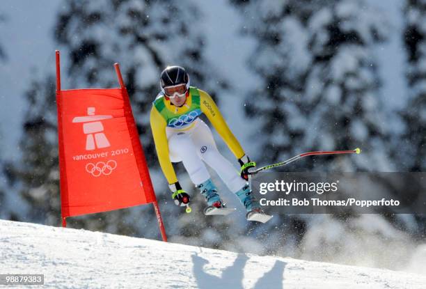 Maria Riesch of Germany competes during the Alpine Skiing Ladies Downhill on day 6 of the Vancouver 2010 Winter Olympics at Whistler Creekside on...