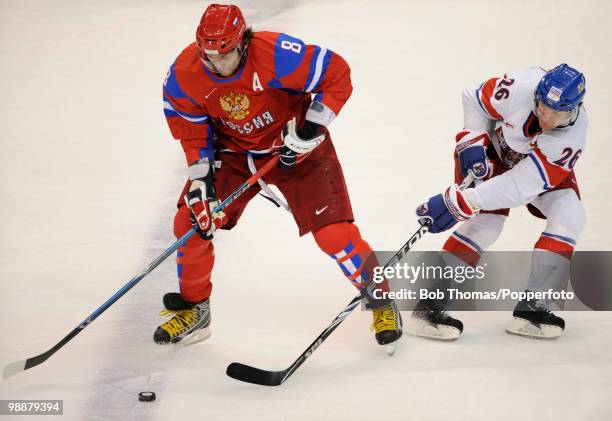 Alexander Ovechkin of Russia with Patrik Elias of the Czech Republic during the ice hockey men's preliminary game between Russia and the Czech...