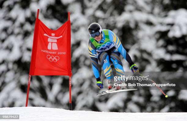 Hans Olsson of Sweden competes in the Alpine skiing Men's Downhill at Whistler Creekside during the Vancouver 2010 Winter Olympics on February 15,...