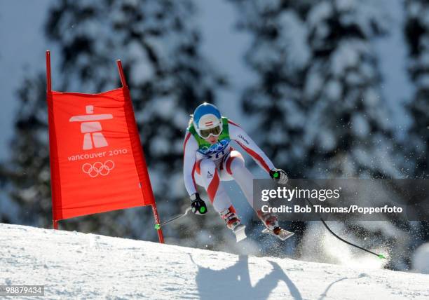 Regina Mader of Austria competes during the Alpine Skiing Ladies Downhill on day 6 of the Vancouver 2010 Winter Olympics at Whistler Creekside on...