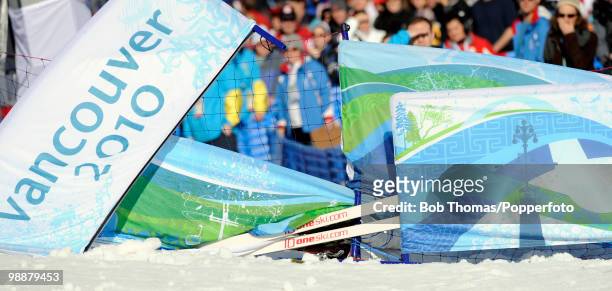 Competitor crashes into the safety barriers during the freestyle skiing ladies' aerials qualification on day 9 of the Vancouver 2010 Winter Olympics...