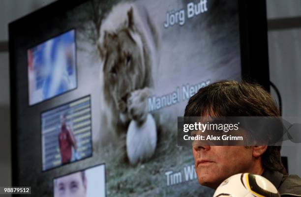 Joachim Loew, head coach of the German national football team, pauses during a press conference where he announces the provisional Germany squad for...