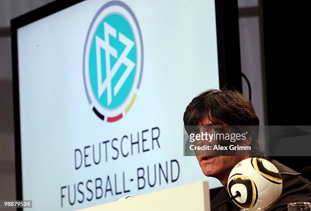 Joachim Loew, head coach of the German national football team, talks to media during a press conference where he announces the provisional Germany...