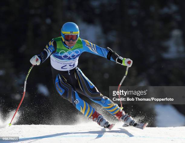 Patrik Jaerbyn of Sweden competes in the men's alpine skiing Super-G on day 8 of the Vancouver 2010 Winter Olympics at Whistler Creekside on February...