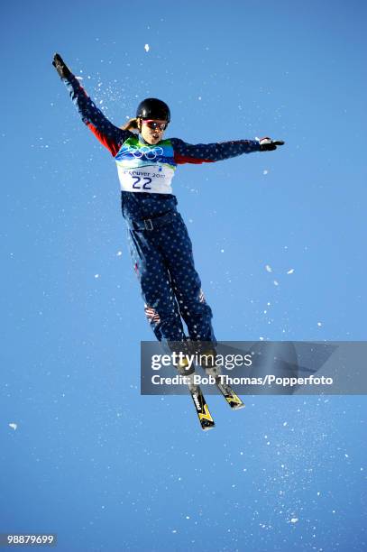 Ashley Caldwell of the USA competes in the freestyle skiing ladies' aerials qualification on day 9 of the Vancouver 2010 Winter Olympics at Cypress...