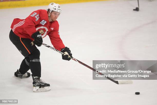 Prospect Sam Steel passes the puck during the Anaheim Ducks' annual development camp at Anaheim ICE in Anaheim on Friday, June 29, 2018.