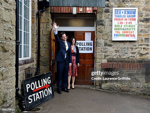 Liberal Democrat Leader Nick Clegg casts his vote with wife Miriam Gonzalez Durantez at Bents Green Methodist Church on May 6, 2010 in Sheffield,...