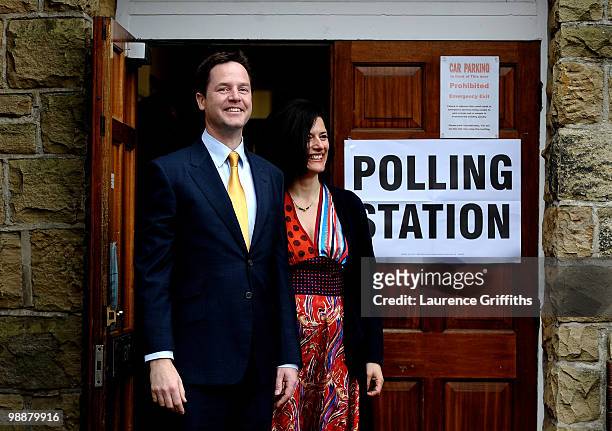 Liberal Democrat Leader Nick Clegg casts his vote with wife Miriam Gonzalez Durantez at Bents Green Methodist Church on May 6, 2010 in Sheffield,...