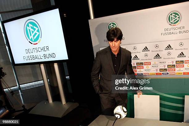 Joachim Loew, head coach of the German national football team, arrives for a press conference where he announces the provisional Germany squad for...