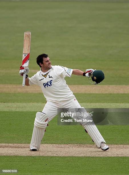 Steven Mullaney of Nottinghamshire celebrates reaching his century during the LV County Championship match between Hampshire and Nottinghamshire at...