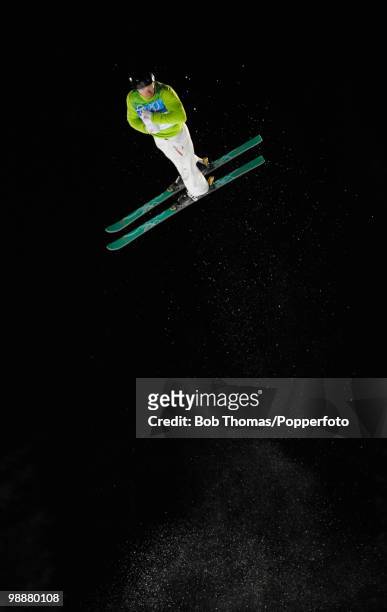 Dmitri Dashinski of Belarus competes during the freestyle skiing men's aerials qualification on day 11 of the Vancouver 2010 Winter Olympics at...