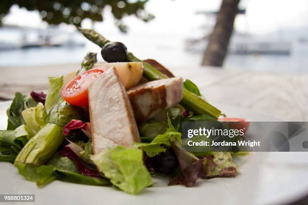 salad with fish on white plate, british virgin islands, uk - jordania stock pictures, royalty-free photos & images