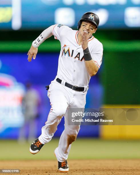 Derek Dietrich of the Miami Marlins in action against the Miami Marlins at Marlins Park on June 14, 2018 in Miami, Florida.