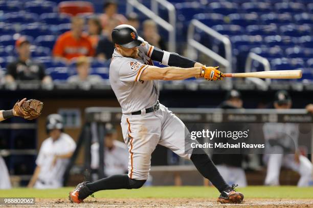 Hunter Pence of the San Francisco Giants in action against the Miami Marlins at Marlins Park on June 14, 2018 in Miami, Florida.