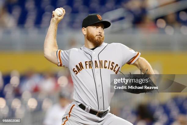 Sam Dyson of the San Francisco Giants delivers a pitch against the Miami Marlins at Marlins Park on June 14, 2018 in Miami, Florida.