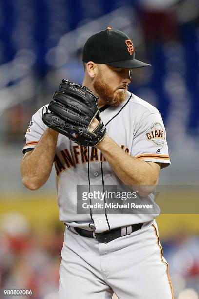 Sam Dyson of the San Francisco Giants delivers a pitch against the Miami Marlins at Marlins Park on June 14, 2018 in Miami, Florida.