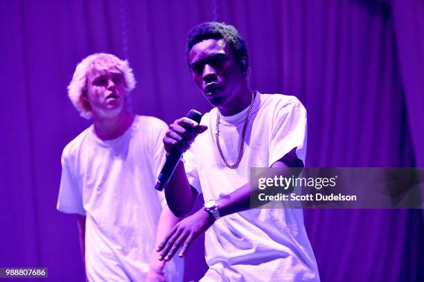 Rappers Russell 'Joba' Boring and Merlyn Wood of the hip hop collective Brockhampton perform onstage during the Agenda Festival on June 30, 2018 in...