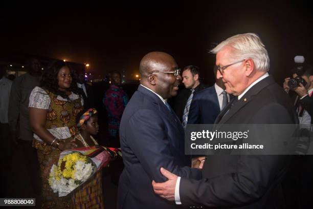 German President Frank-Walter Steinmeier arriving to Accra Airport and being greeted by the President of Ghana, Nana Akufo-Addo, in Accra, Ghana, 11...