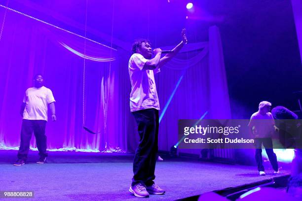 Rappers Dom McLennon, Kevin Abstract and Russell 'Joba' Boring of the hip hop collective Brockhampton perform onstage during the Agenda Festival on...