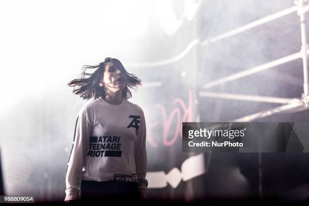 Nic Endo during Atari Teenage Riot concert at the Different Sounds festival in Lublin, Poland on June 30, 2018.