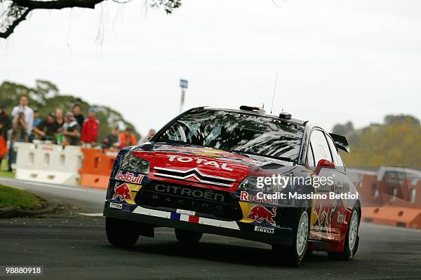 Sebastien Loeb of France and Daniel Elena of Monaco compete in their Citroen C4 Total during the Shakedown of the WRC Rally of New Zealand on May 6,...