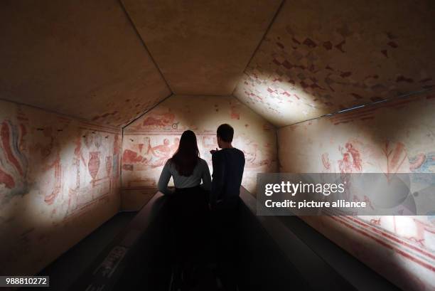 Mural paintings from the "Tomba della Nave" from the mid 5th century B.C. Is shown at the Badisches Landesmuseum Karlsruhe, Germany, 11 December...