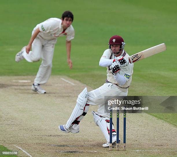 Peter Trego of Somerset plays as shot off the bowling of Kyle Hogg of Lancashire during the LV County Championship match between Lancashire and...