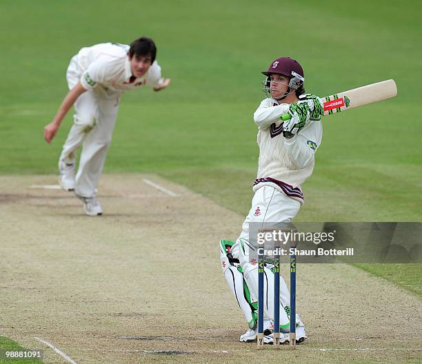 James Hildreth of Somerset plays as shot off the bowling of Kyle Hogg of Lancashire during the LV County Championship match between Lancashire and...