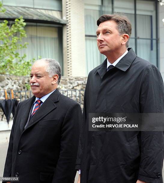 Lybian Prime Minister Al Baghdadi Ali Al Mahmoudi and his Slovenian counterpart Borut Pahor look on before their meeting in Ljubljana on May 6, 2010....