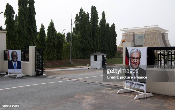 Pictures of German President Frank-Walter Steinmeier and the president of the Republic of Ghana, Nana Akufo-Addo, stand at the entrance of Flagstaff...