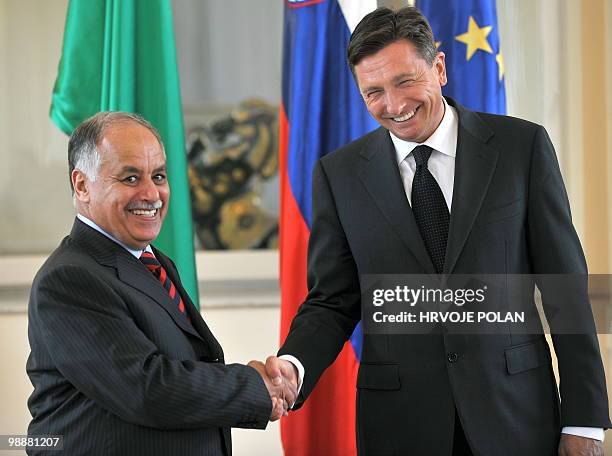 Libyan Prime Minister Al Baghdadi Ali Al Mahmoudi and his Slovenian counterpart Borut Pahor shake hand before their meeting in Ljubljana on May 6,...