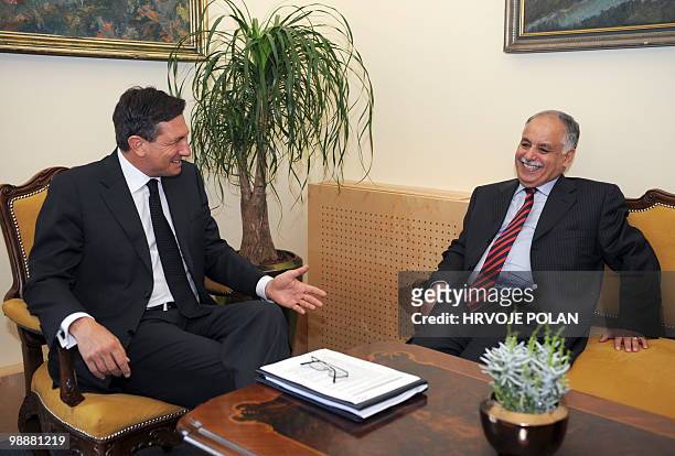 Lybian Prime Minister Al Baghdadi Ali Al Mahmoudi and his Slovenian counterpart Borut Pahor discuss their meeting in Ljubljana on May 6, 2010. Al...