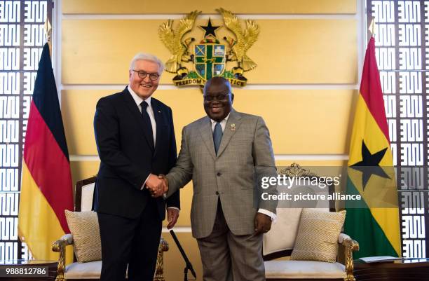 German President Frank-Walter Steinmeier is received by the president of the Republic of Ghana, Nana Akufo-Addo at Flagstaff House, the seat of the...