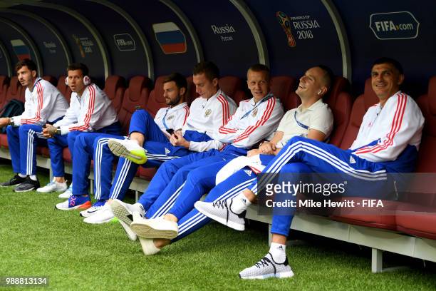 Players of Russia sit on the bench prior to the 2018 FIFA World Cup Russia Round of 16 match between Spain and Russia at Luzhniki Stadium on July 1,...