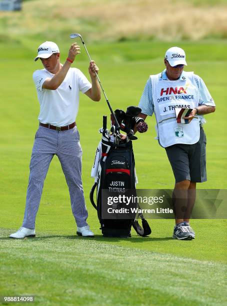 Justin Thomas of The USA preapares to play his second shot on the 6th hole during day four of the HNA Open de France at Le Golf National on July 1,...