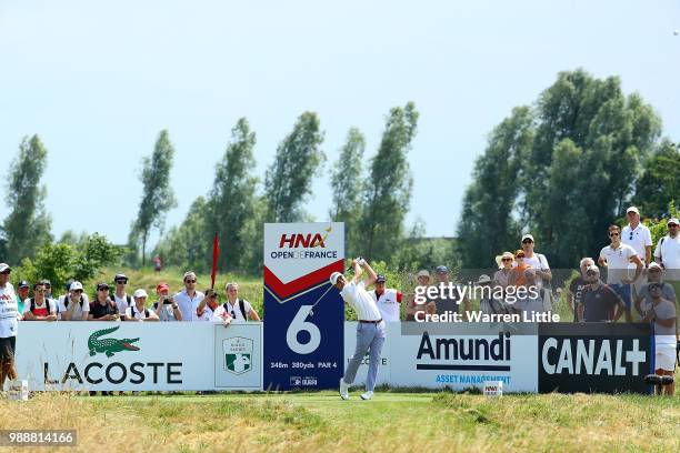 Justin Thomas of The USA plays his tee shot on the 6th hole during day four of the HNA Open de France at Le Golf National on July 1, 2018 in Paris,...