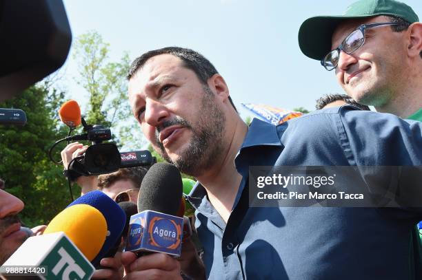 Matteo Salvini, Minister of Interior speak with media at the Lega Nord Meeting on July 1, 2018 in Pontida, Bergamo, Italy.The annual meeting of the...