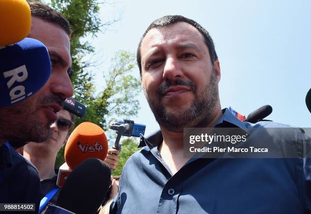 Matteo Salvini, Minister of Interior speak with media at the Lega Nord Meeting on July 1, 2018 in Pontida, Bergamo, Italy.The annual meeting of the...